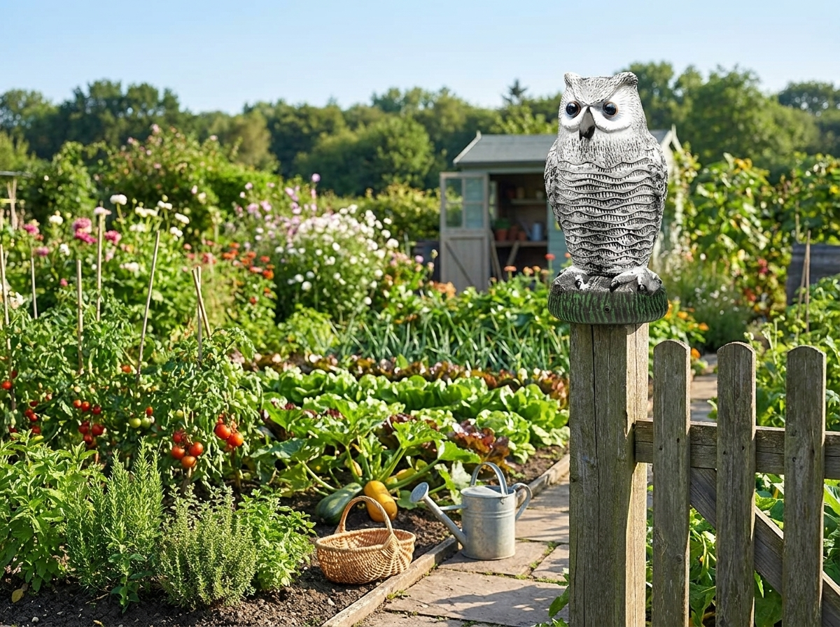 Realistic Owl Decoy Bird Repeller lifestyle